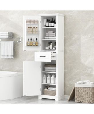 Tall Bathroom Storage Cabinet, Freestanding with Two Doors and Adjustable Shelves