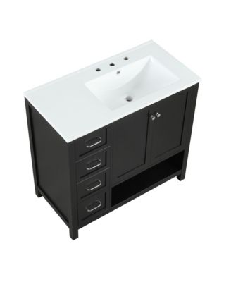 36" Solid Wood and MDF Bathroom Vanity with Sink Top, Cabinet Doors, Drawers and Open Shelf