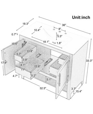 36" Bathroom Vanity with Sink, Multi-Functional Cabinet with Doors and Drawers, MDF Frame and MDF Board