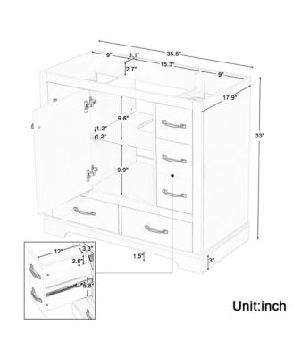 36-Inch Bathroom Vanity Cabinet Base with Six Drawers, Multi-Functional Divider & Adjustable Shelf