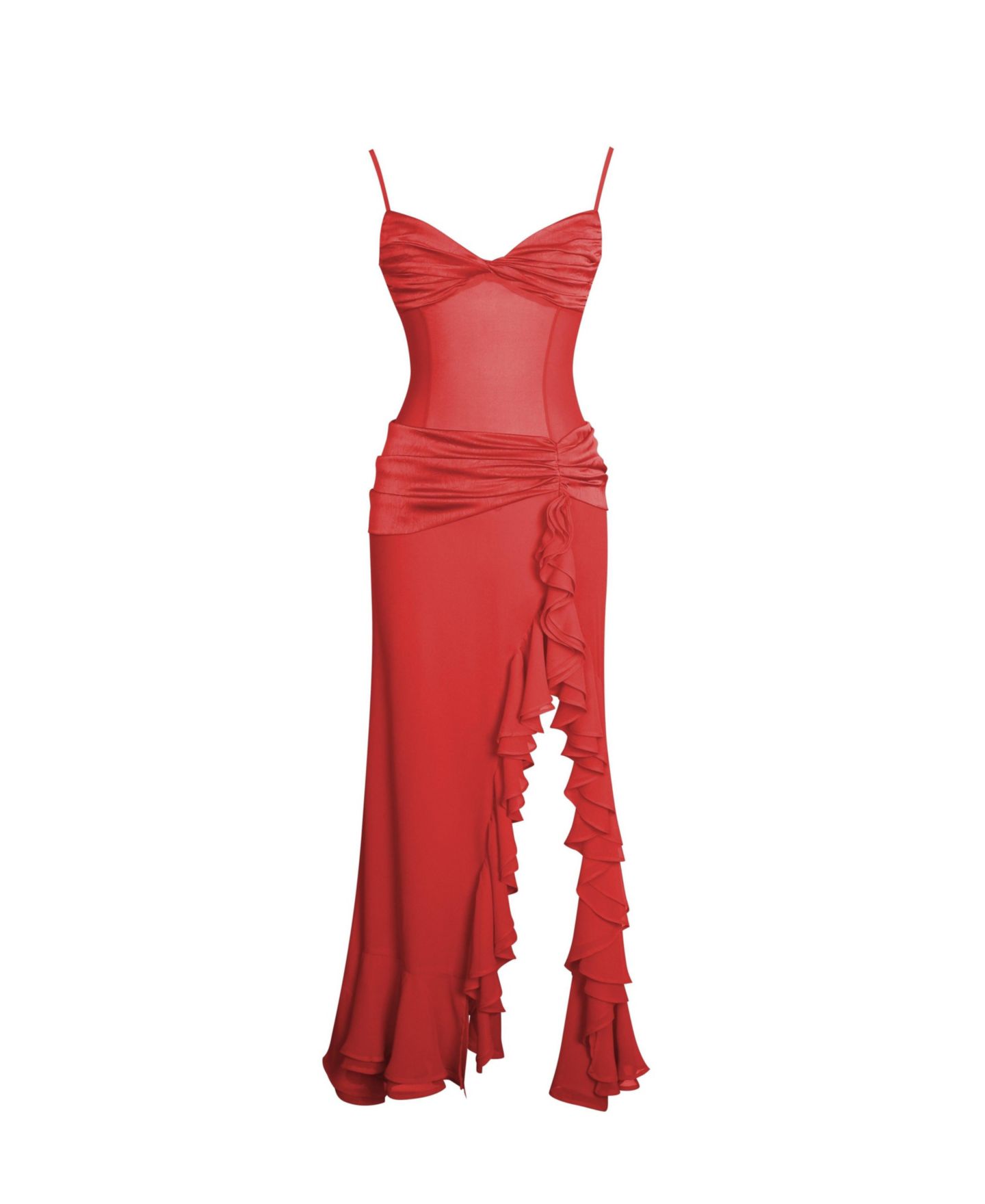 Женское платье Miss Circle Dahlina Red Ruched Waist High Slit Maxi, цвет: Красный — фото 11