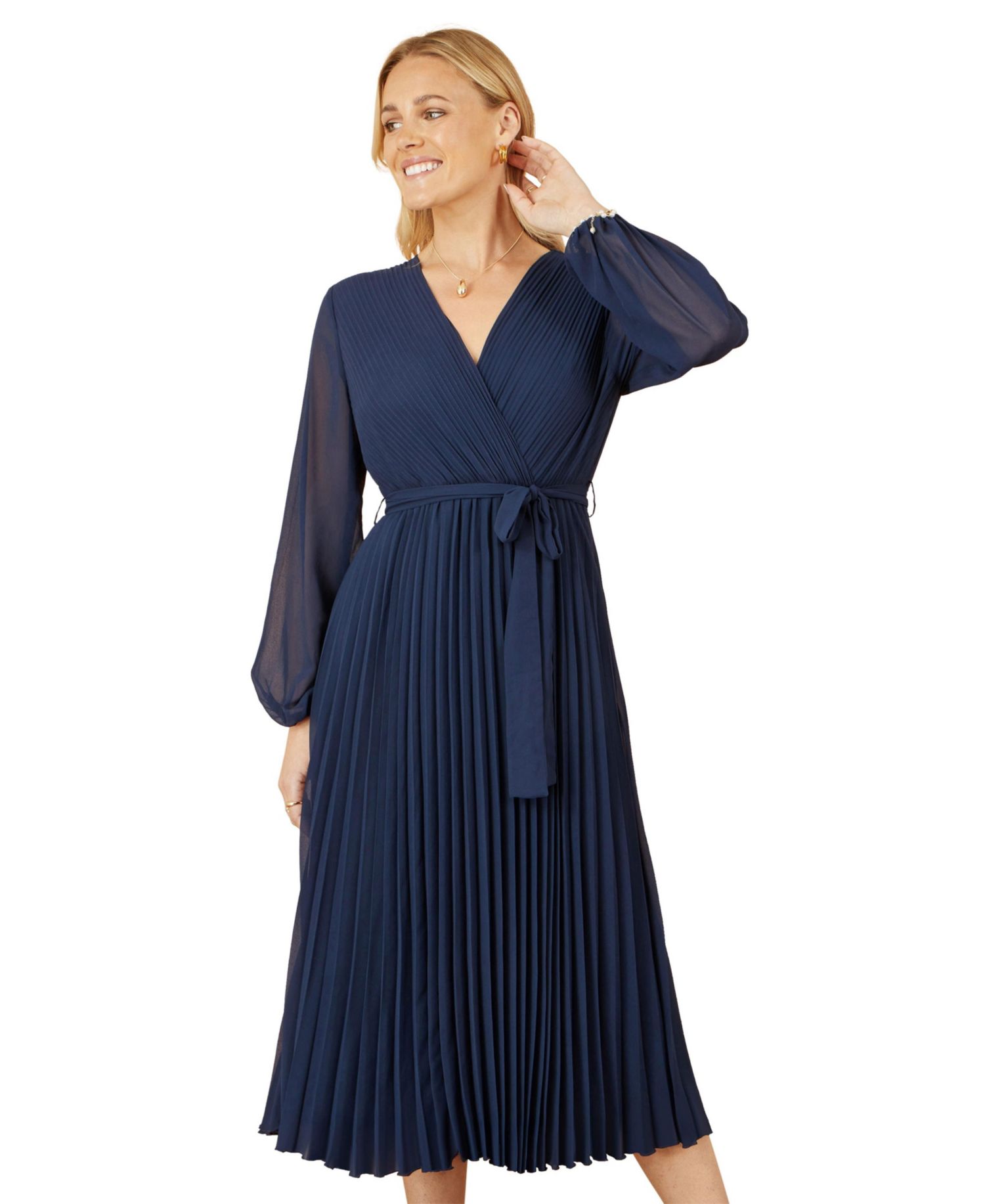 Women's Long Sleeved Pleated Midi Wrap Dress