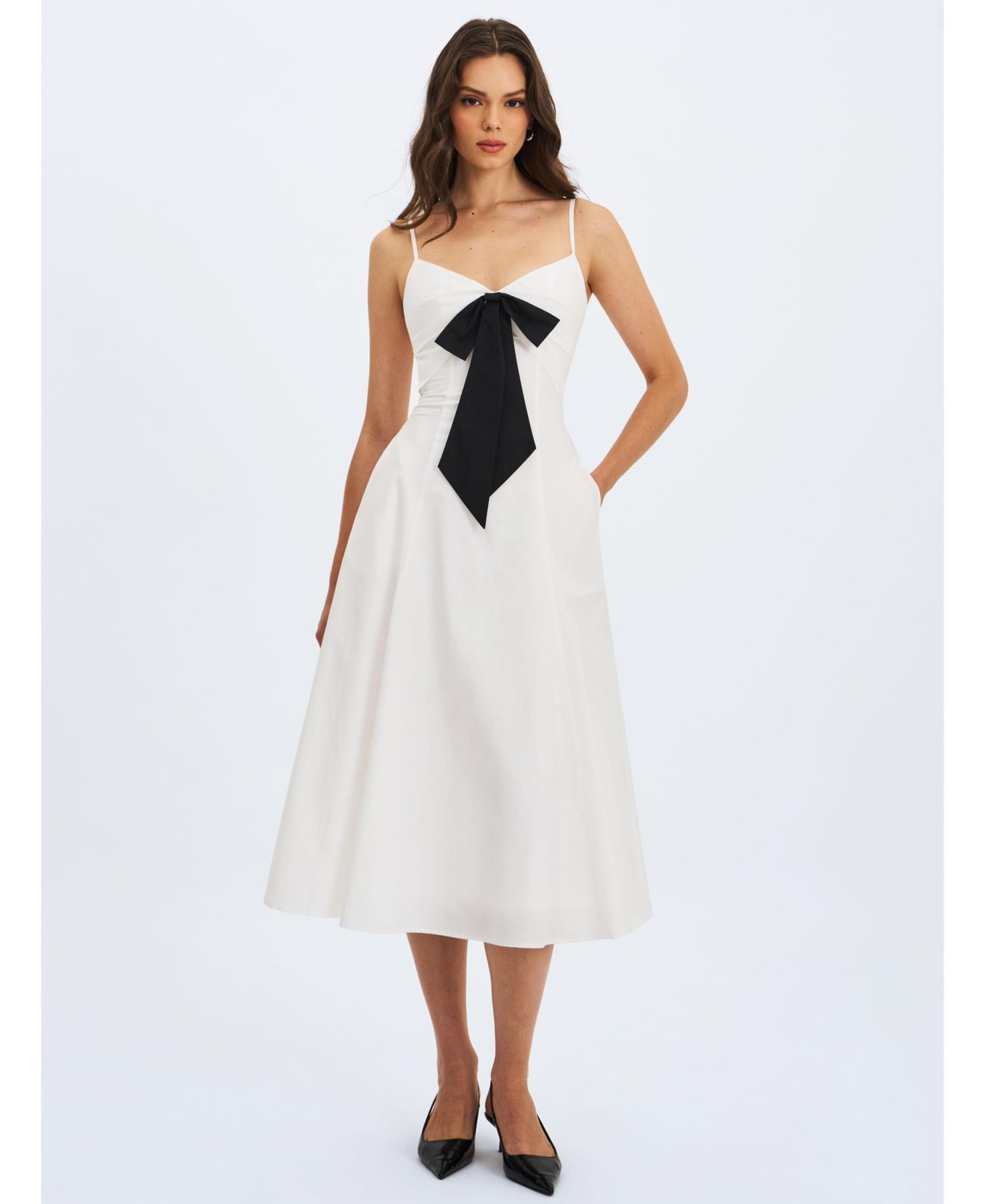 Women's Corinne White Poplin Flared Maxi Dress with Removable Bow