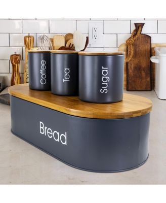 Bamboo Kitchen Countertop 4 Piece Metal Bread Basket and Canister Set in Gray with Lids