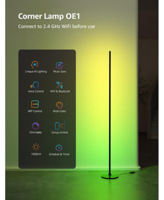 OE1 55 in. AI Smart RGBWW Black Standard Floor Lamp, 1000 LM Dimmable Color Changing Accent Light for bedroom living room