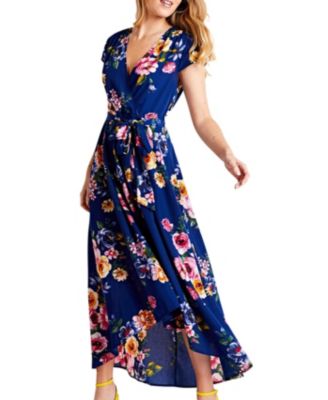 Women's Floral Print Dipped Hem Wrap Midi Dress