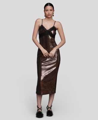 Avec Les Filles - Women's Lace Trim Sequin V-Neck Midi Dress