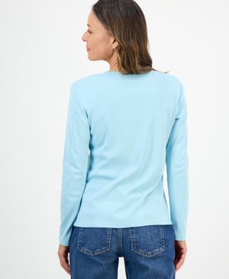 Petite Scoop-Neck Long-Sleeve Cotton Top, Created for Macy's 