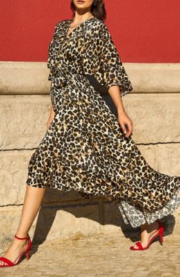 Women's Leopard Print Kimono Sleeve Wrap Dress