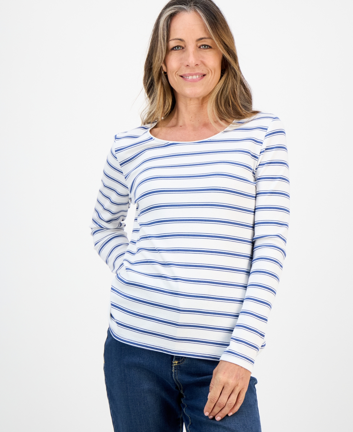 Style & Co Petite Floral Print Long Sleeve Top In White