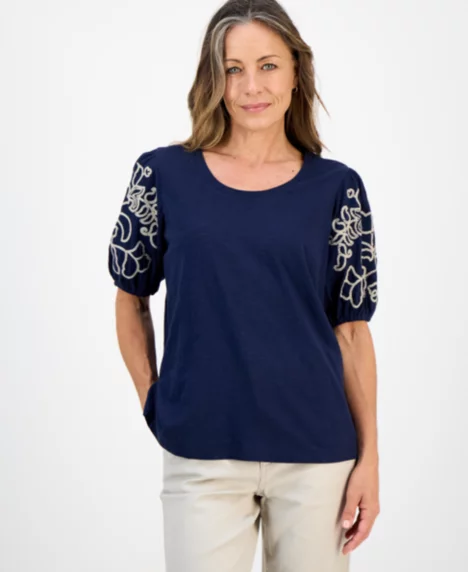 Petite Cotton Embroidered Elbow-Sleeve Top - Industrial Blue