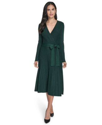 Jessica Howard - Petite Long Sleeve Wrap Bodice Fit and Flare Midi Dress