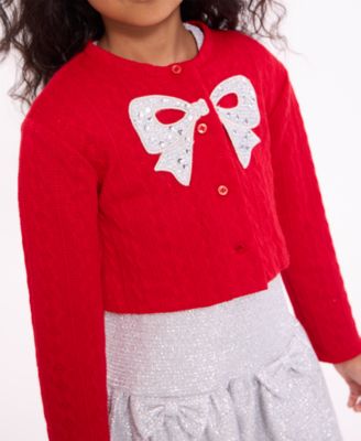 Girls' 2T-6X Foiled Knit Dress and Bow Cardigan, 2-Piece Set