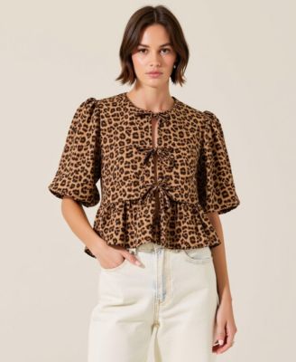 Women's Leopard-Print Front-Tie Puff-Sleeve Peplum Top