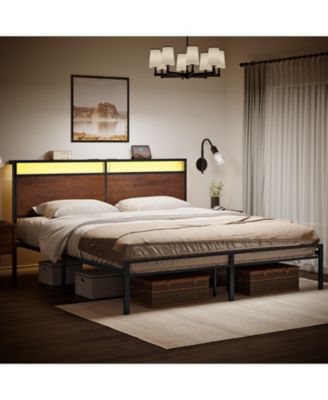 Industrial King Size Bed Frame with Storage LED Headboard, Charging Station, No Box Spring Needed