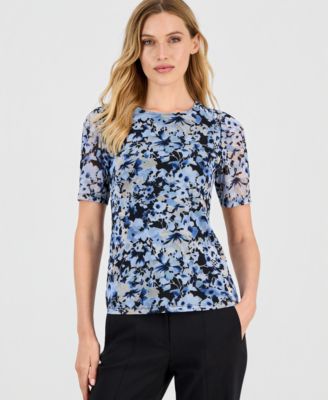 Anne Klein - Women's Short-Sleeve Printed Mesh T-Shirt
