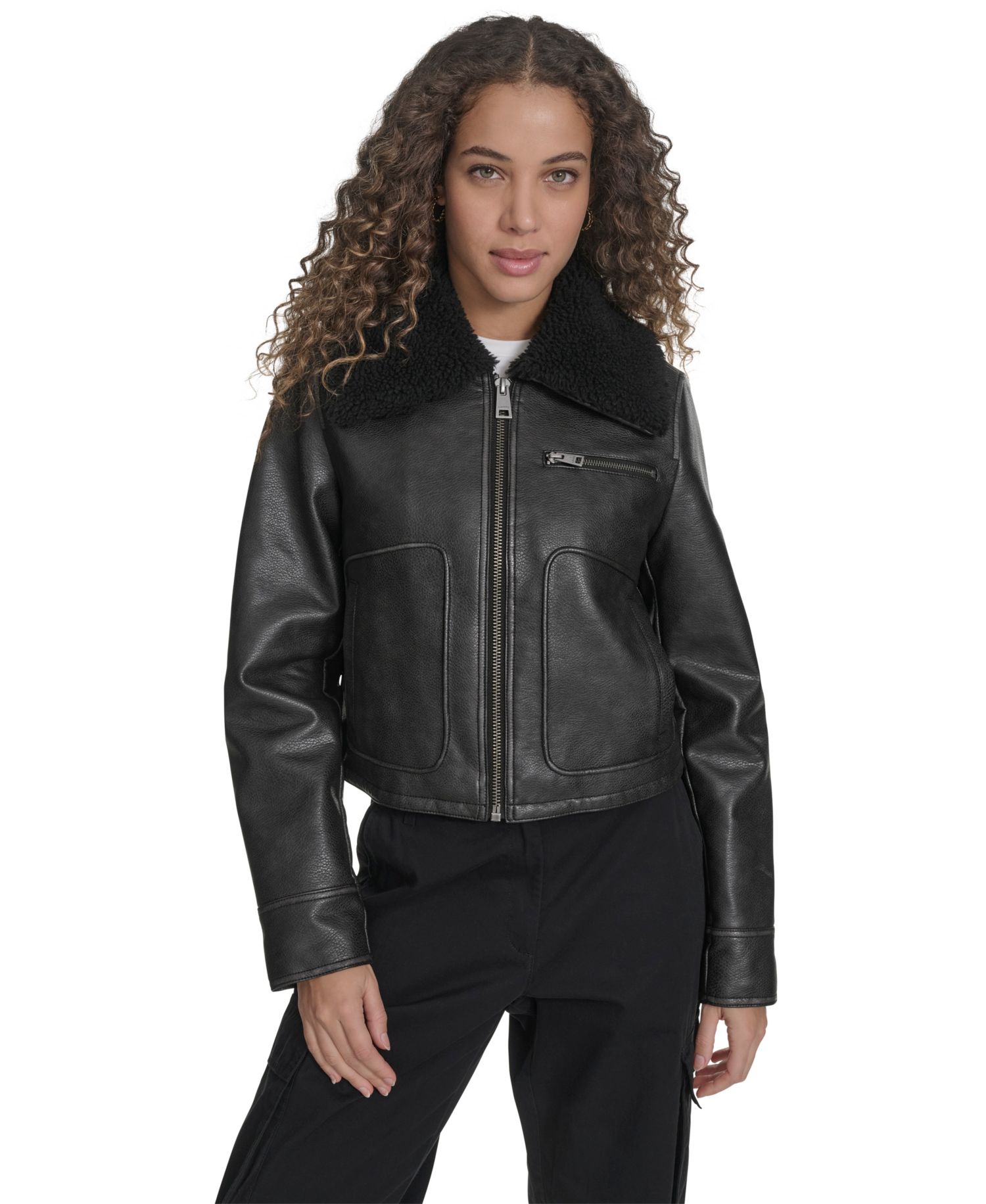 Women's Regular Faux Leather Aviator Jacket