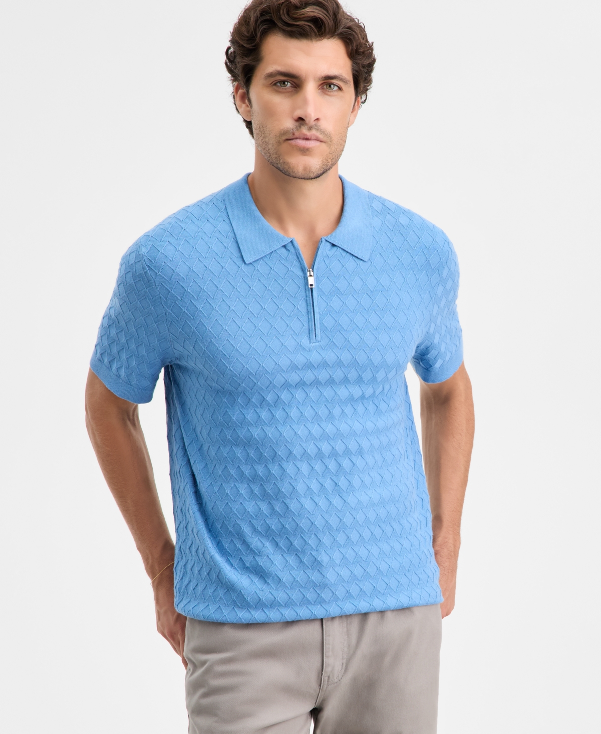 Alfani Men's Short-sleeve Diamond Zip Polo Sweater, Macy's Exclusive In Blue