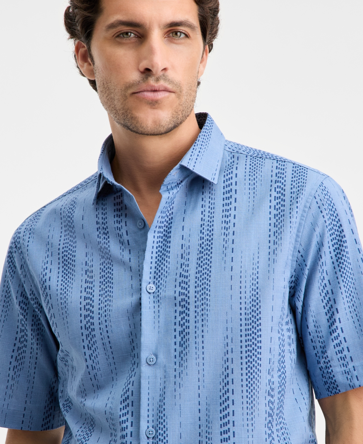 Alfani Men's Dashed Lines Printed Short-sleeve Button Shirt, Macy's Exclusive In Blue