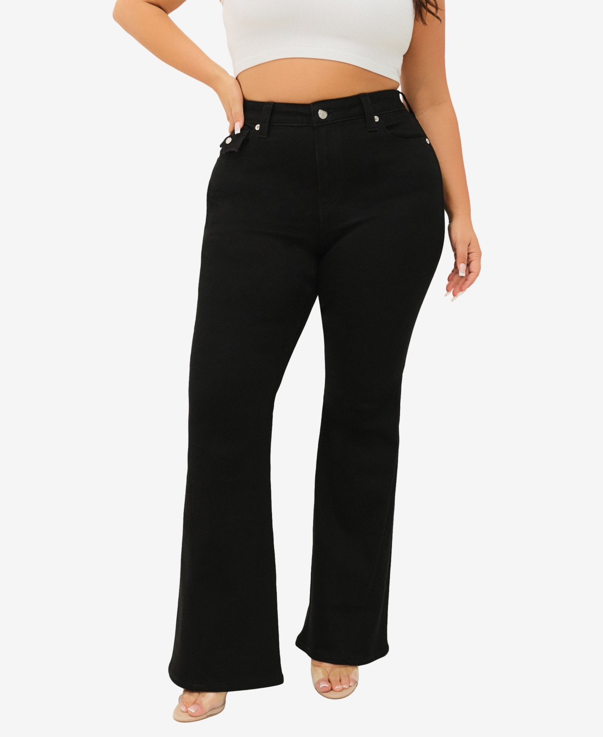 True Religion Plus Size Joey Flare Mid Rise Flap Jeans In Black