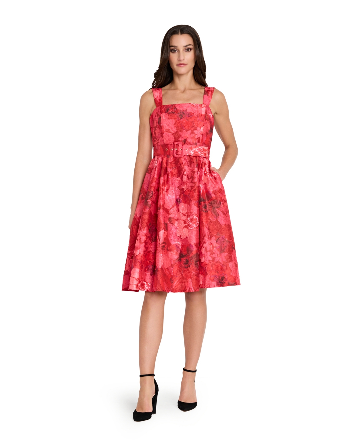 Tahari Asl Women's Square Neck Printed Jacquard Fit And Flare Dress In Red