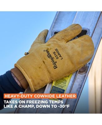 Men's Heavy-Duty 3-Finger Mitt with Double Cuff - Insulated Leather Gloves for Extreme Cold Protection