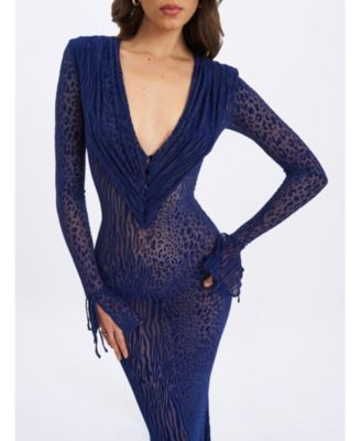 Women's Ilyse Navy V-Neck Plunge Animal Print Mermaid Hem Maxi Dress