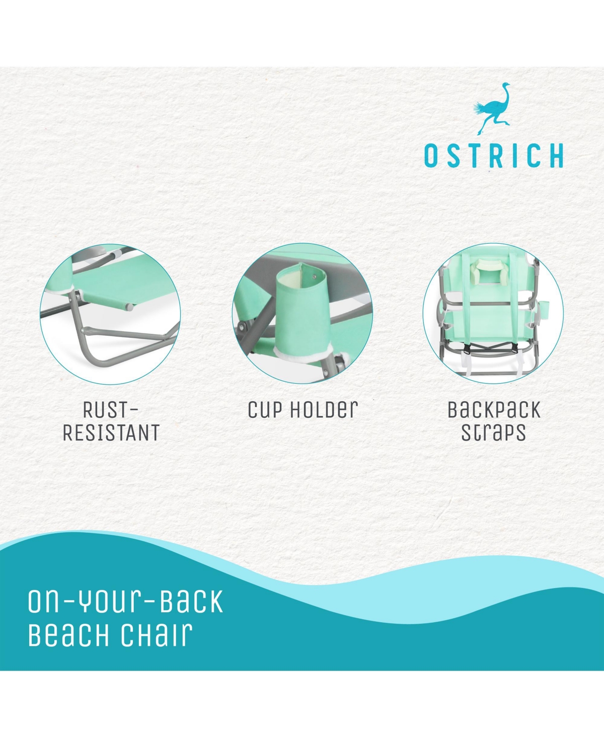 Ostrich On-Your-Back Outdoor Reclining Beach Lounge Pool Camping Chair, Teal