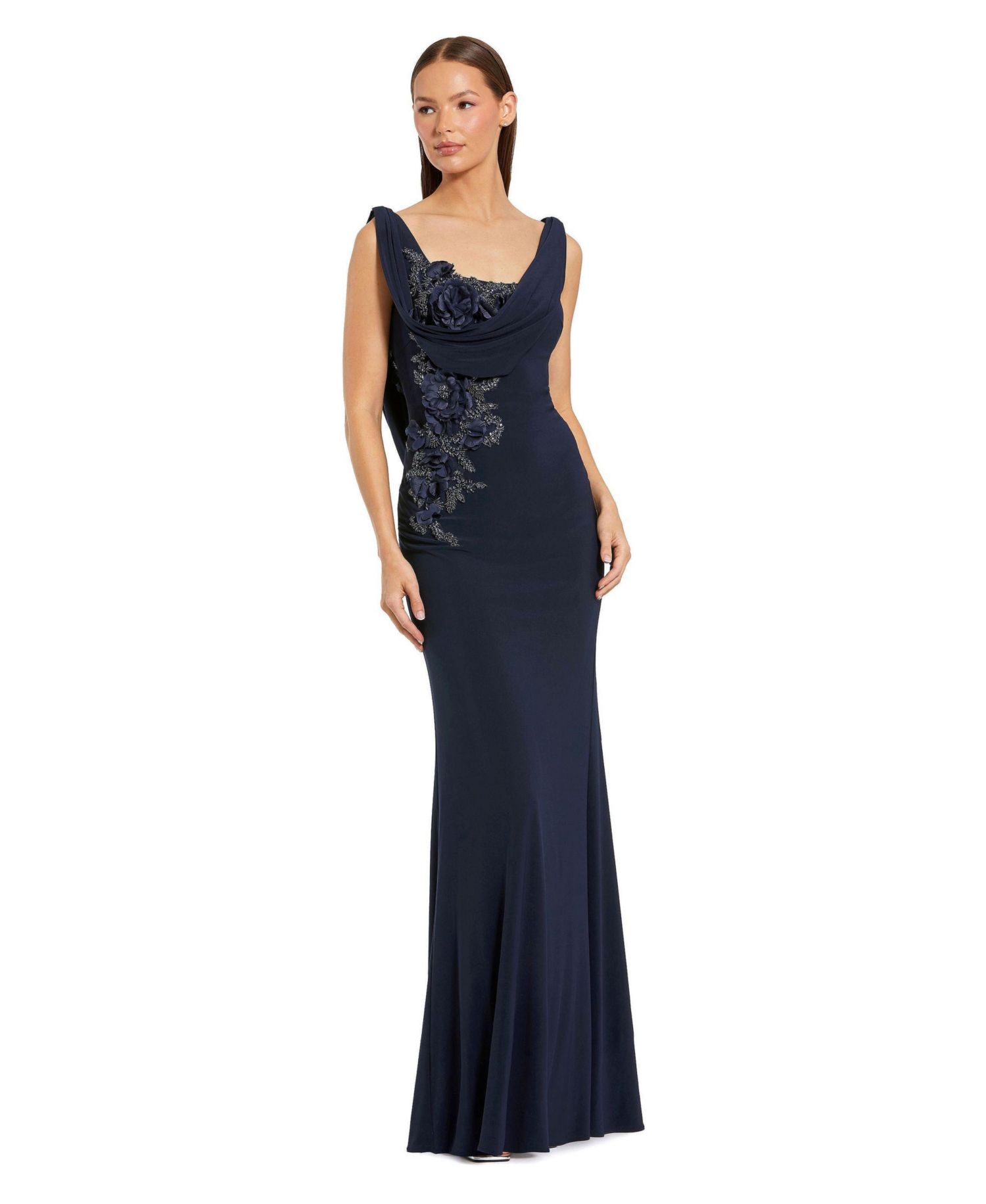 Women's Sleeveless Jersey Cowl Neck Gown With Beading