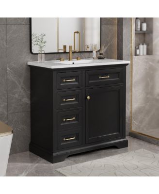 36" Bathroom Vanity with Ceramic Sink, 4 Drawers and 1 Soft-Close Door, Freestanding