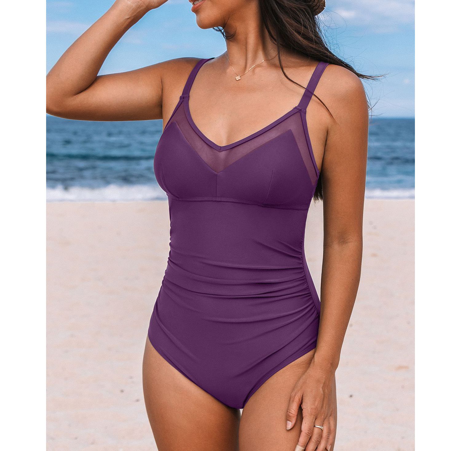 Women's V Neck Cutout Ruched Mesh One Piece Swimsuit