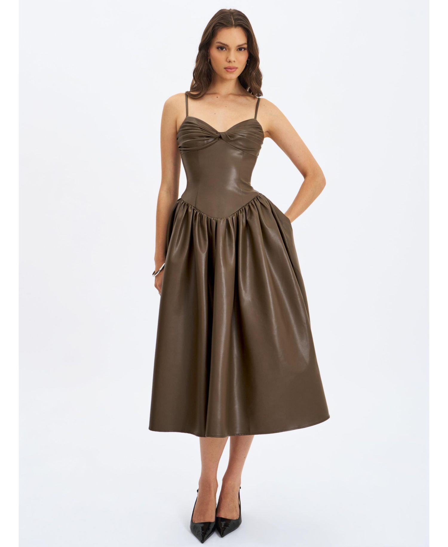 Women's Parisia Cocoa Faux Leather Drop Waist Maxi Dress