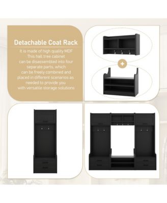 4-in-1 Detachable Hall Tree with Storage and 7 Hooks, Multiple Functions Hallway Coat Rack with Storage Drawers and Cabinet, Shoe Bench