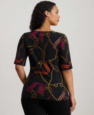 Plus Size Print Stretch Boat Neck T-Shirt