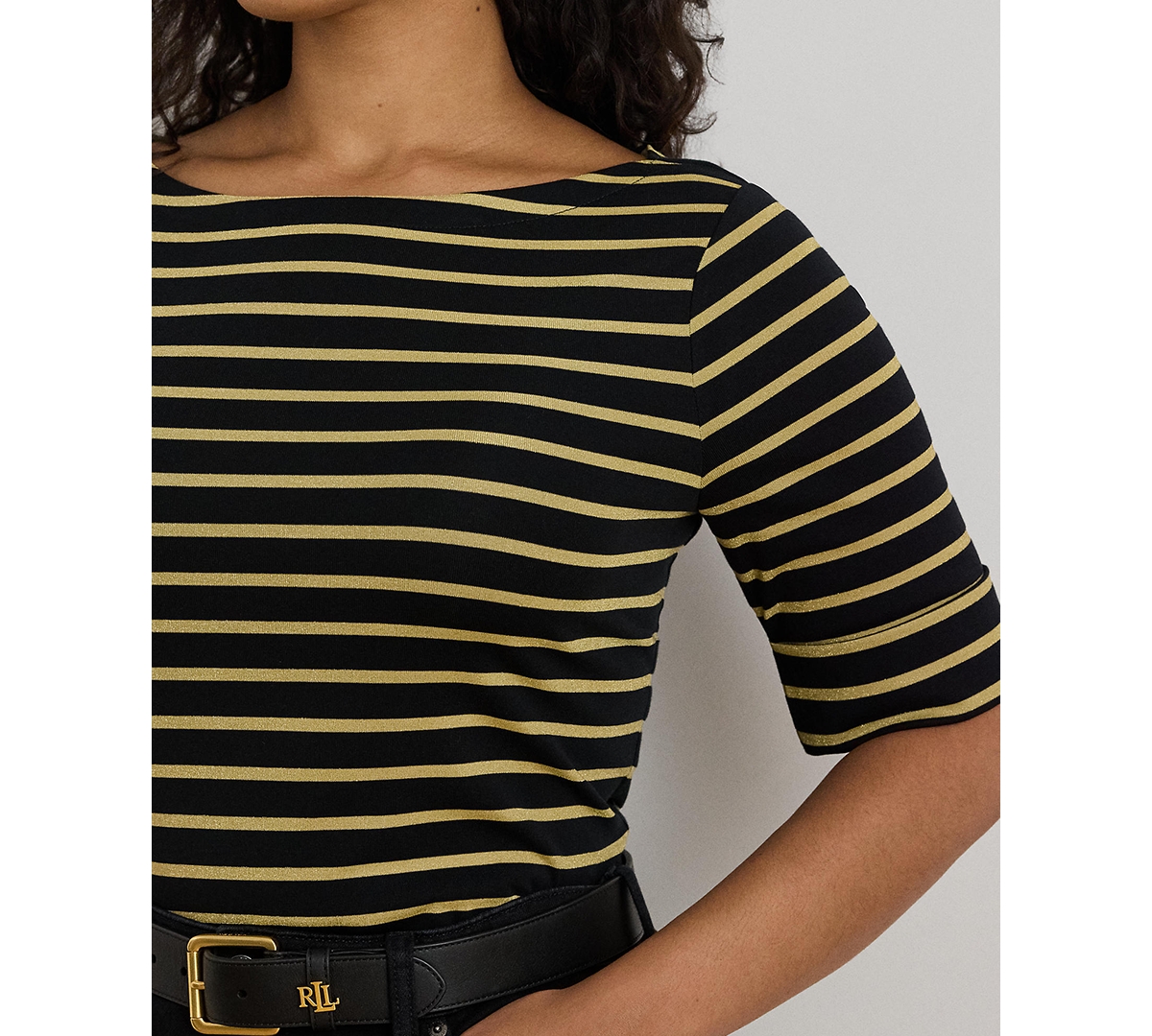 Ralph Lauren Plus Size Metallic Striped Boat Neck T-shirt In Black