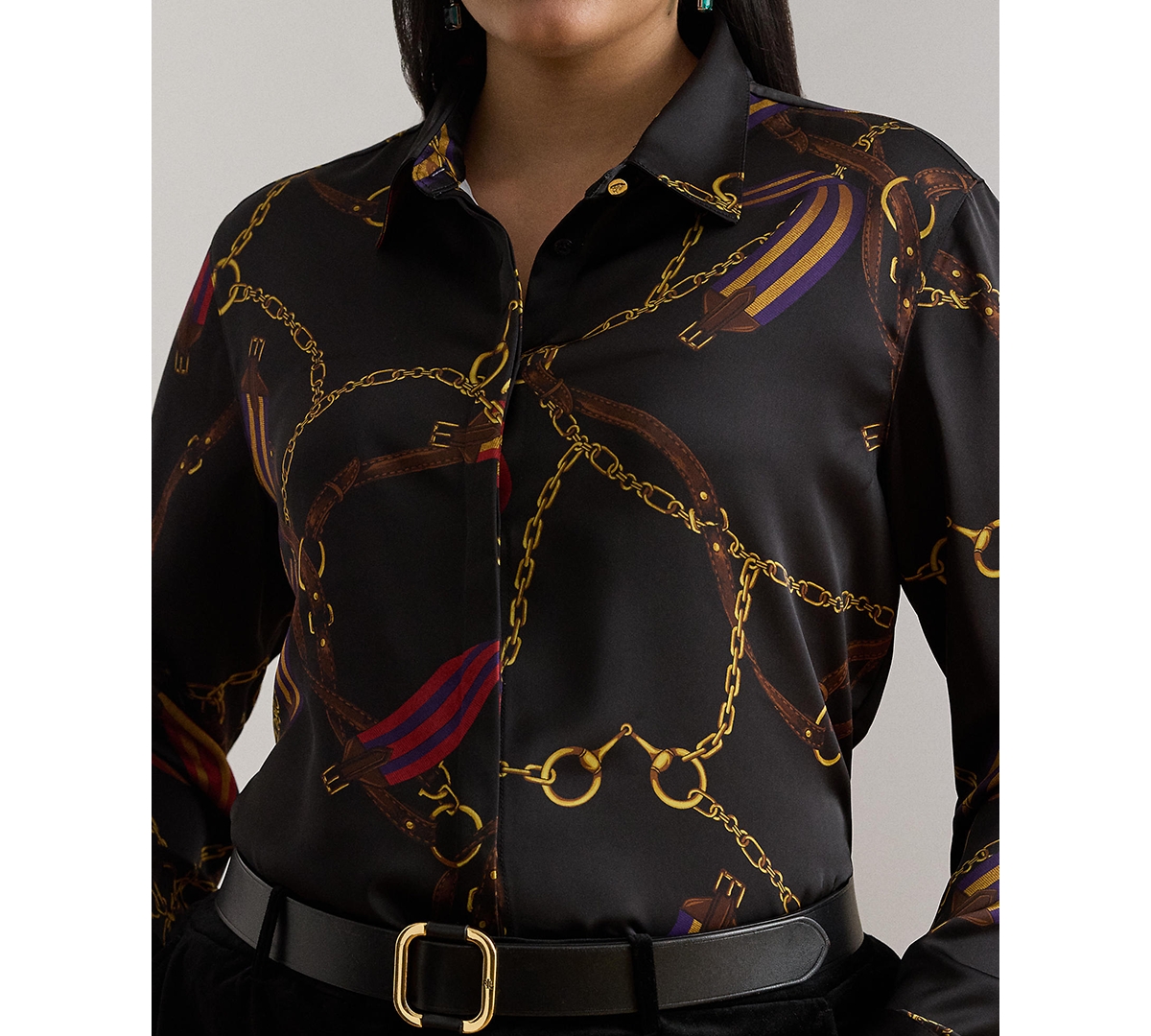 Ralph Lauren Plus Size Classic Fit Belting-print Satin Shirt In Black