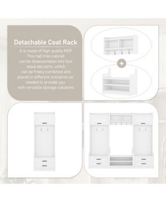 4-in-1 Detachable Hall Tree with Storage and 7 Hooks, Multiple Functions Hallway Coat Rack with Storage Drawers and Cabinet, Shoe Bench