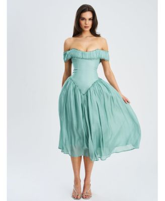 Women's Xavy Teal Green Off Shoulder Corset Midi Dress