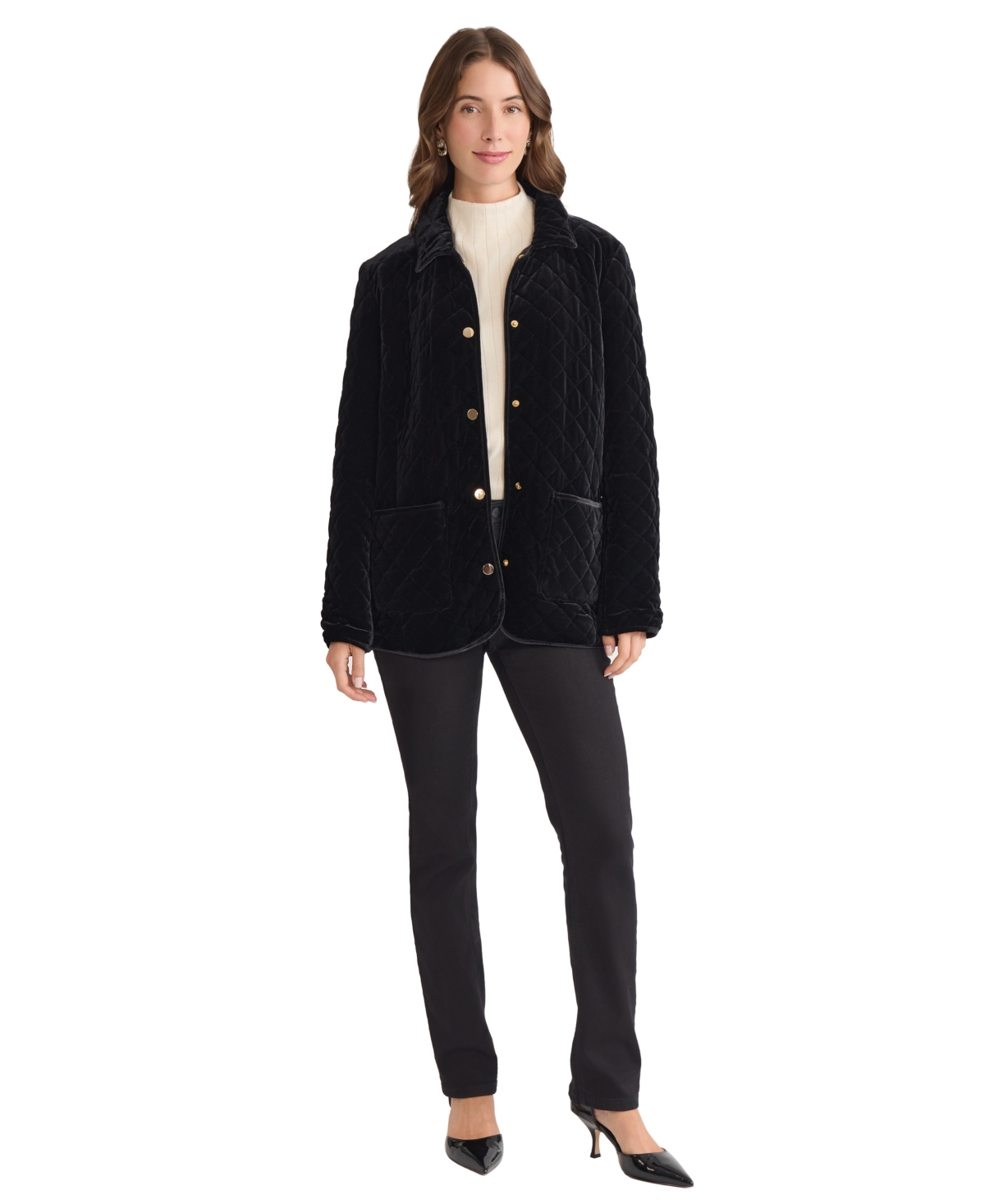 Jones New York Women's Quilted Velvet Snap-front Jacket In Black