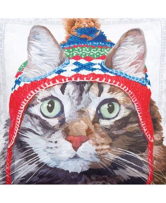 Winter Hat Cat Indoor/Outdoor Christmas Holiday Throw Pillow, 18" x 18"