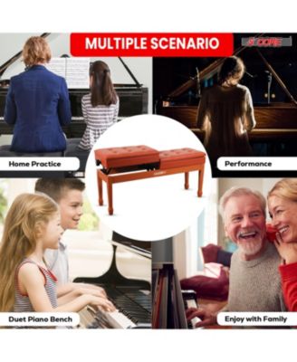 Duet Piano Bench 3.5 Inch Padded Cushioned Stool Wooden Heavy Duty Musician Chair w Storage