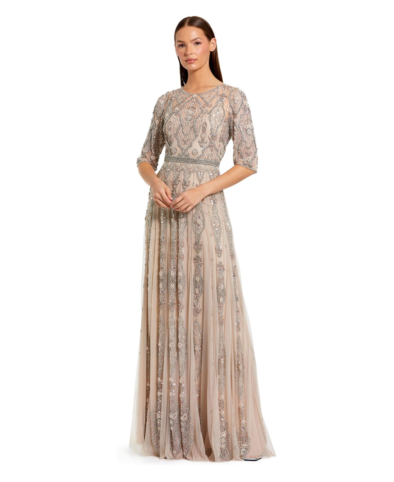 Women's Beige 3/4 Sleeve Embellished A-line Gown