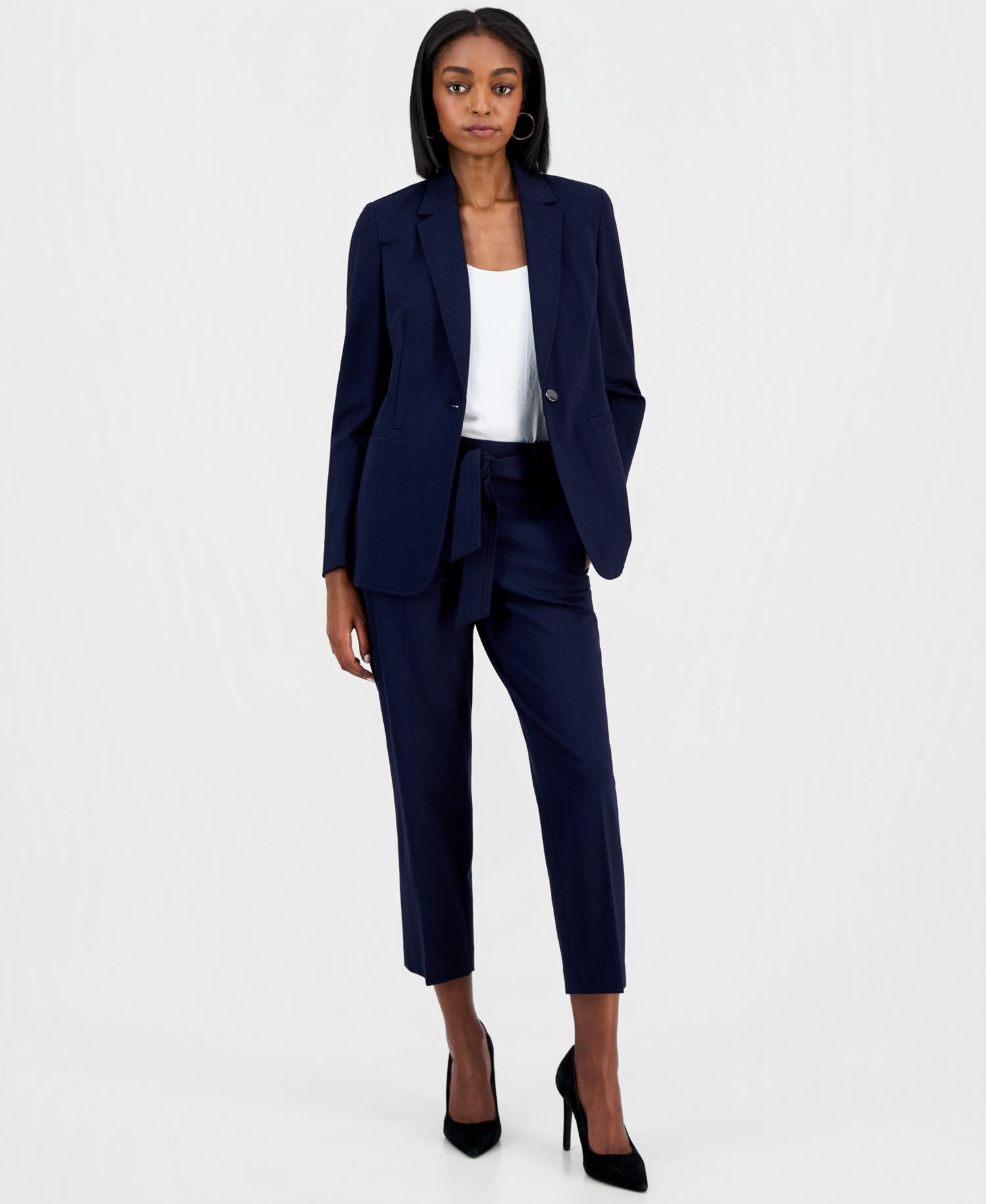 Women's Compression Notch-Collar Single Button Blazer, Scoop-Neck Camisole & Compression Tie Front Capris Pants
