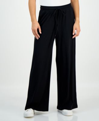 Petite Ribbed Knit High Rise Drawstring Wide-Leg Pants