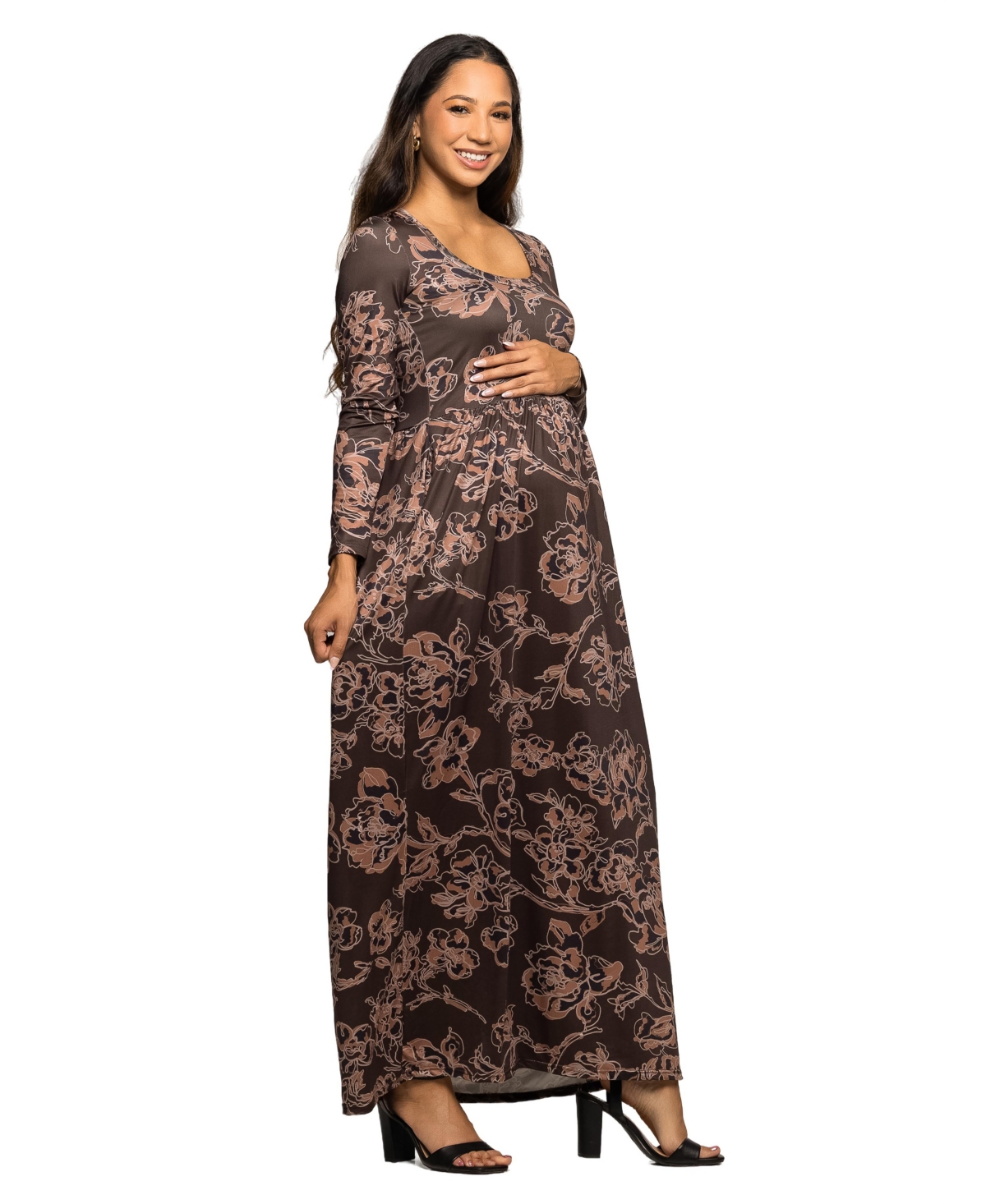 24seven Comfort Apparel Floral Long Sleeve Scoop Neck Maxi Dress In Brown