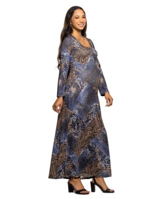 Women's Maternity Blue Animal Print Long Sleeve Maxi Dress