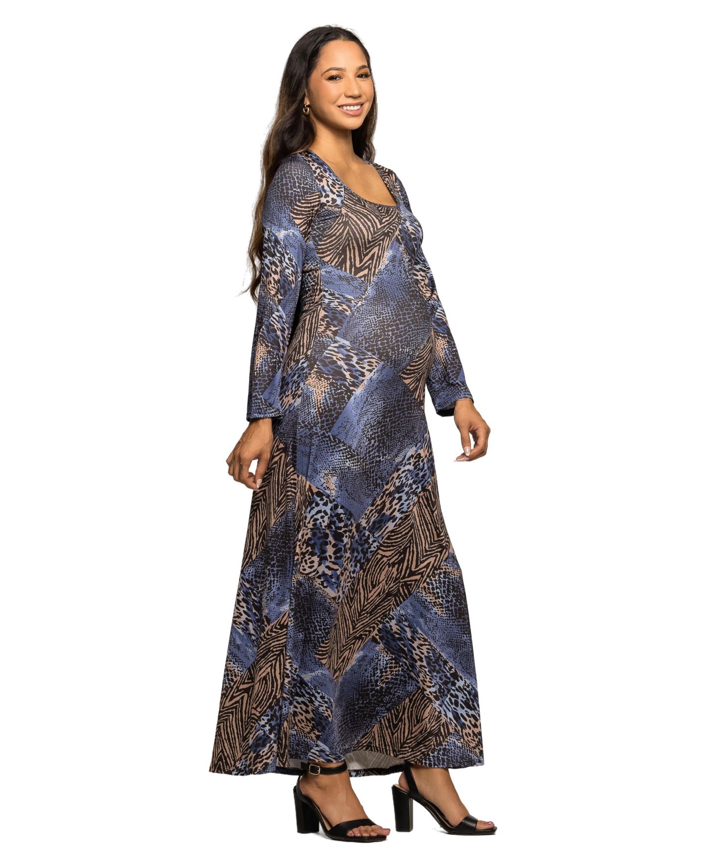 Женское платье 24seven Comfort Apparel Maternity Blue Animal Print Long Sleeve Maxi, цвет: Синий разноцветный — фото 2