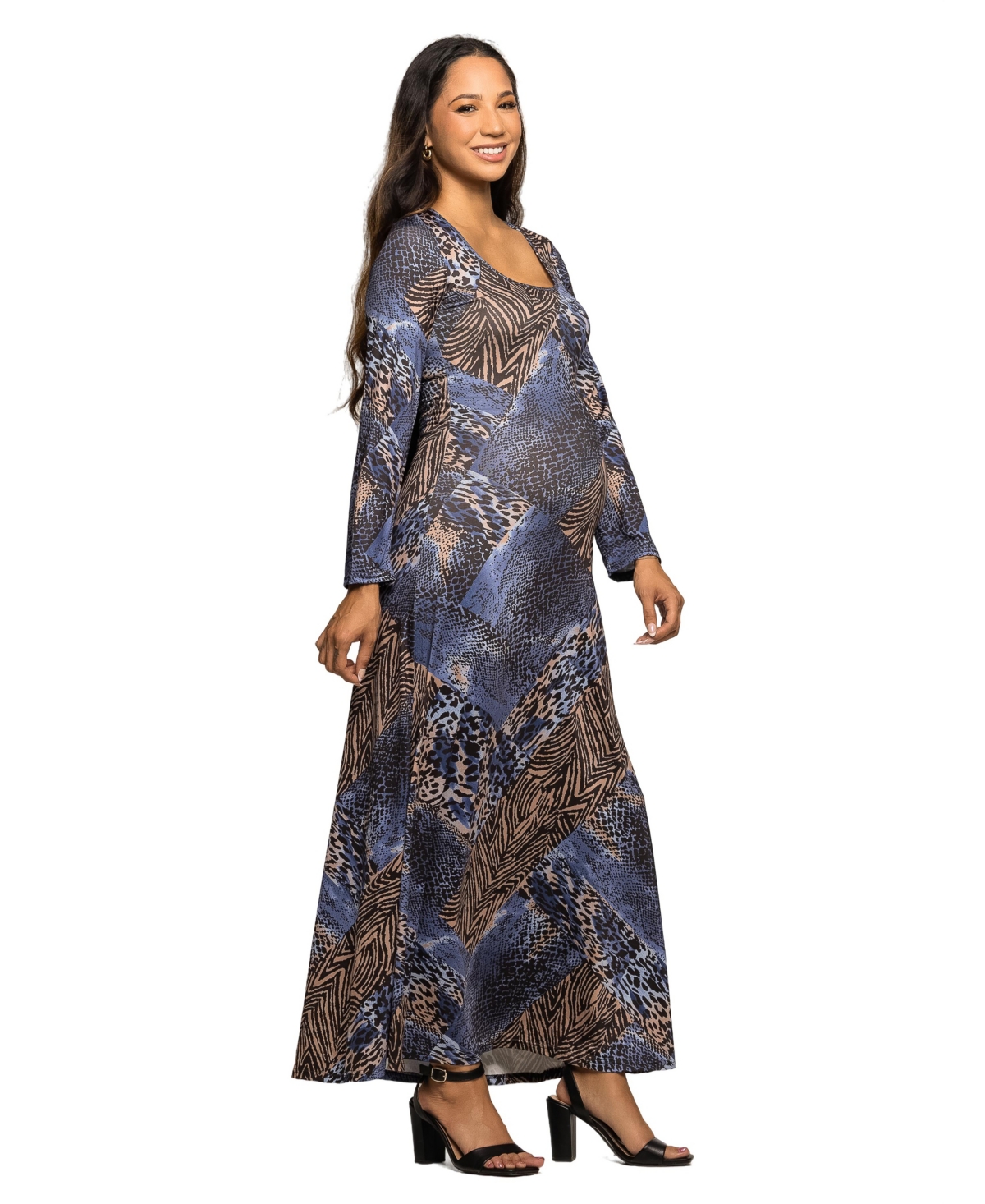 24seven Comfort Apparel Women's Maternity Blue Animal Print Long Sleeve Maxi Dress