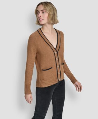 Women's Long Sleeve Tipped V-Neck Cardigan Sweater
