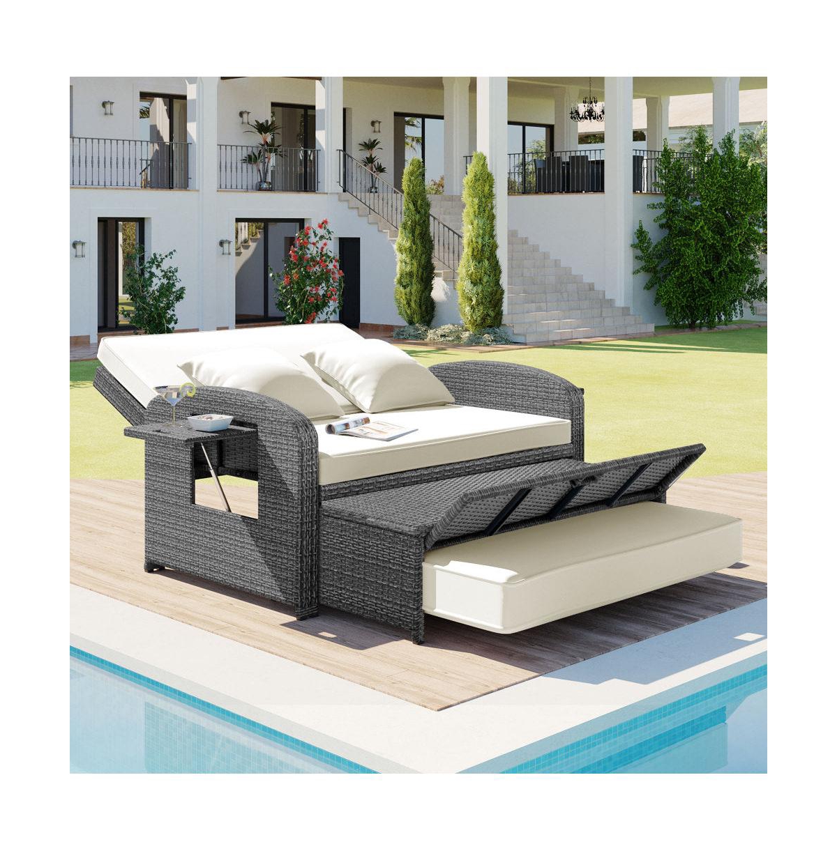 Chic Crate Double Reclining Rattan Chaise Lounge - Gray